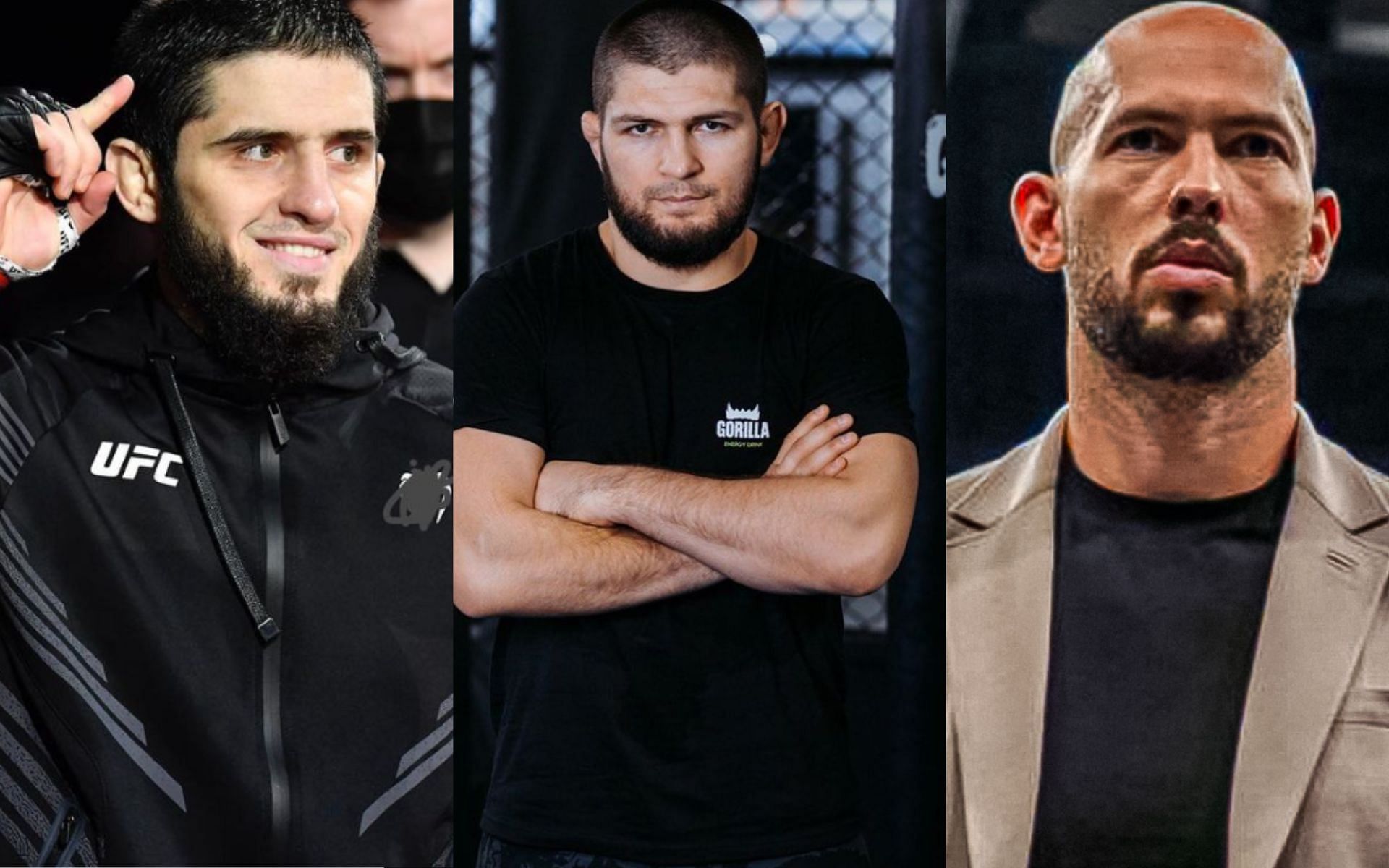 Islam Makhachev (left), Khabib Nurmagomedov (centre), Andrew Tate (right) [Images courtesy of @cobrarate on Twitter &amp; @khabib_nurmagomedov on Instagram]