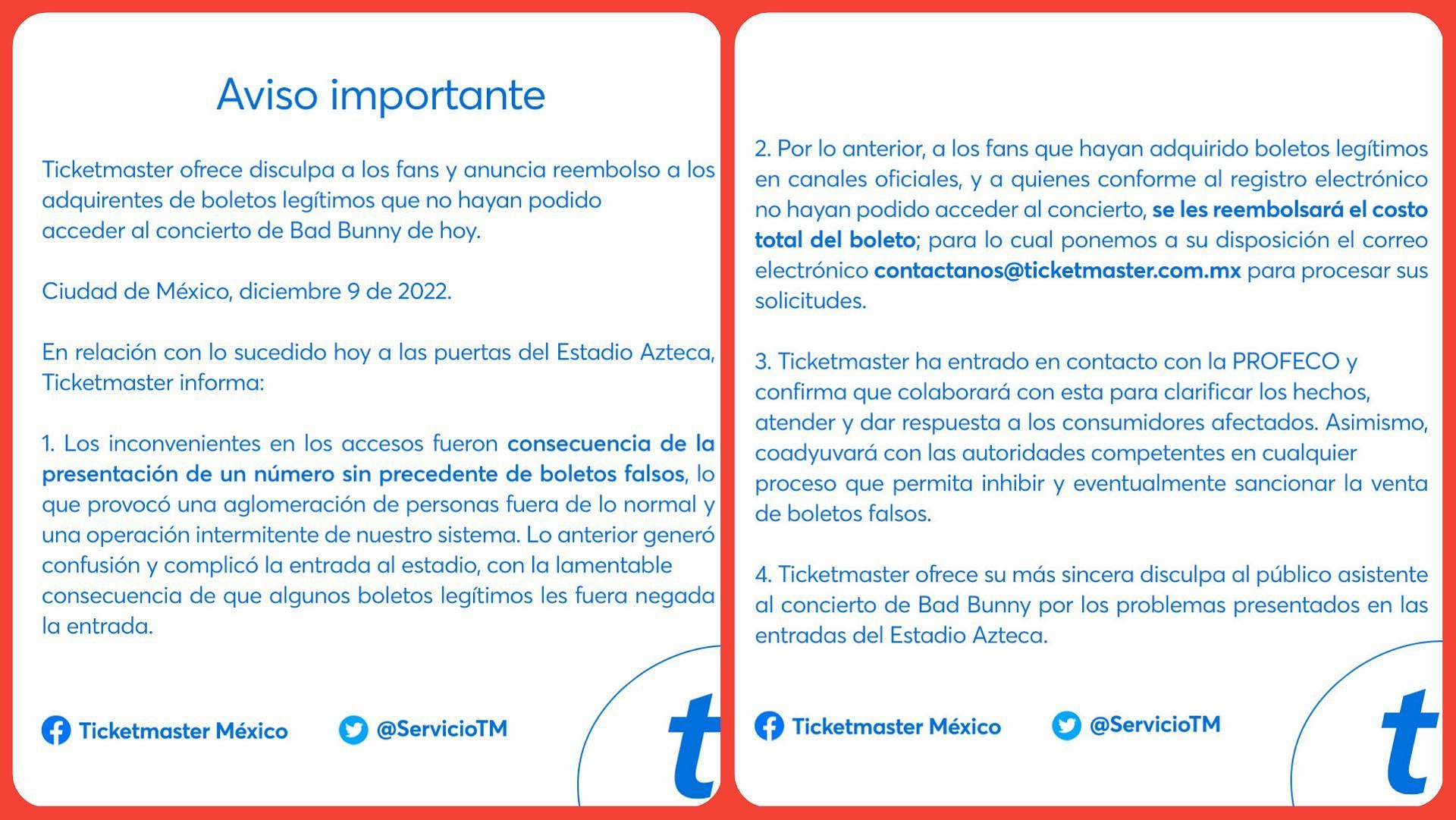 The apology and refund promise issued by Ticketmaster Mexico (image via Twitter/@Ticketmaster_Me)