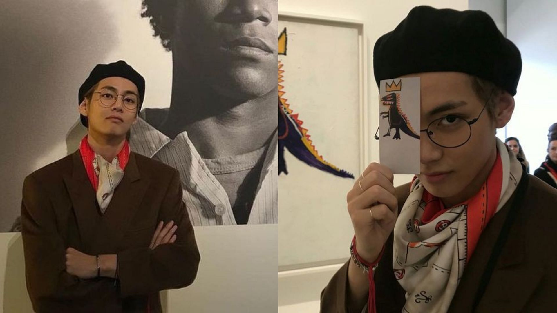 V looking mysteriously classy in his retro scarf as he walks through the art museum (Image via Twitter/@BTS_twt)