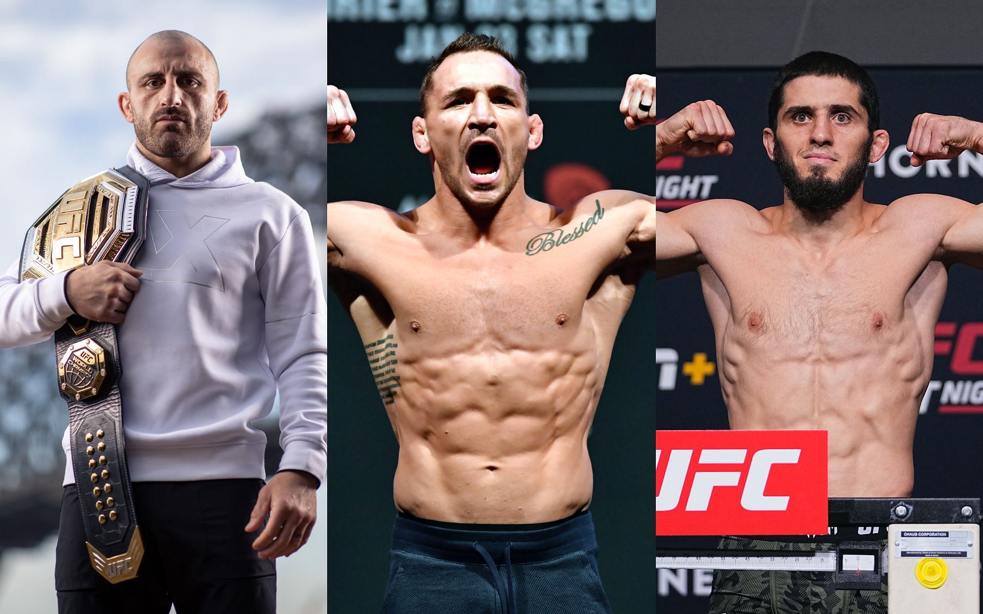 From the left- Alexander Volkanovski, Michael Chandler and Islam Makhachev [Image Courtesy: Getty Images]