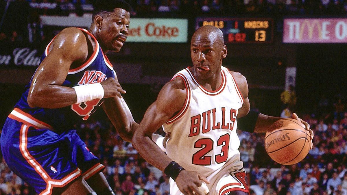 Michael Jordan of the Chicago Bulls against Patrick Ewing of the New York Knicks