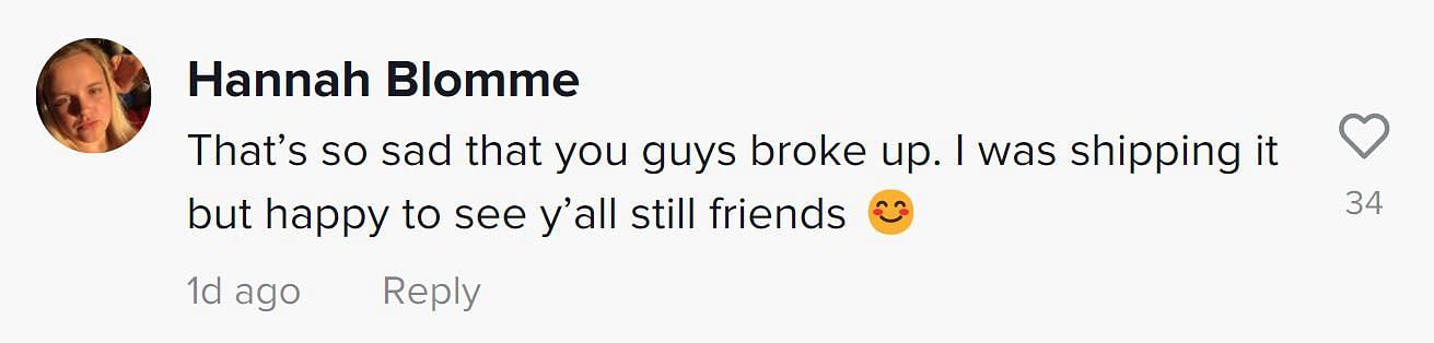 Image of a comment about the couple&#039;s breakup (Image via TikTok/ @Hannah Blomme)