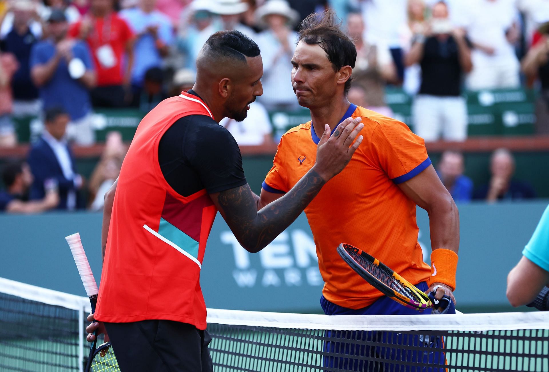Nick Kyrgios and Rafael Nadal pictured at the BNP Paribas Open - Day 11.
