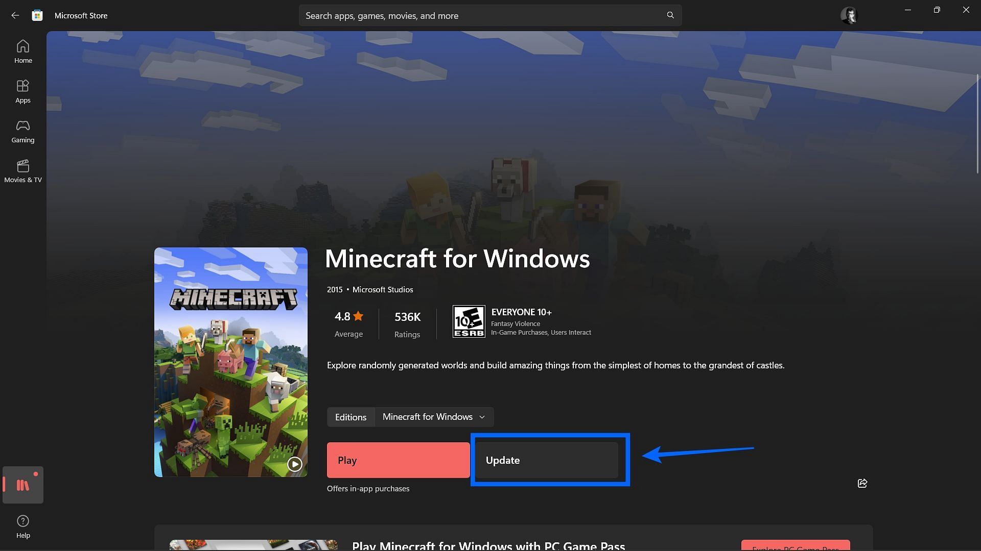 An &quot;Update&quot; button will be present on the game&#039;s store page through which one can get the latest Minecraft Bedrock Edition update (Image via Sportskeeda)