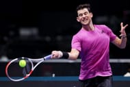 Dominic Thiem of Hawks in action against Felix Auger-Aliassime of Kites at the World Tennis League