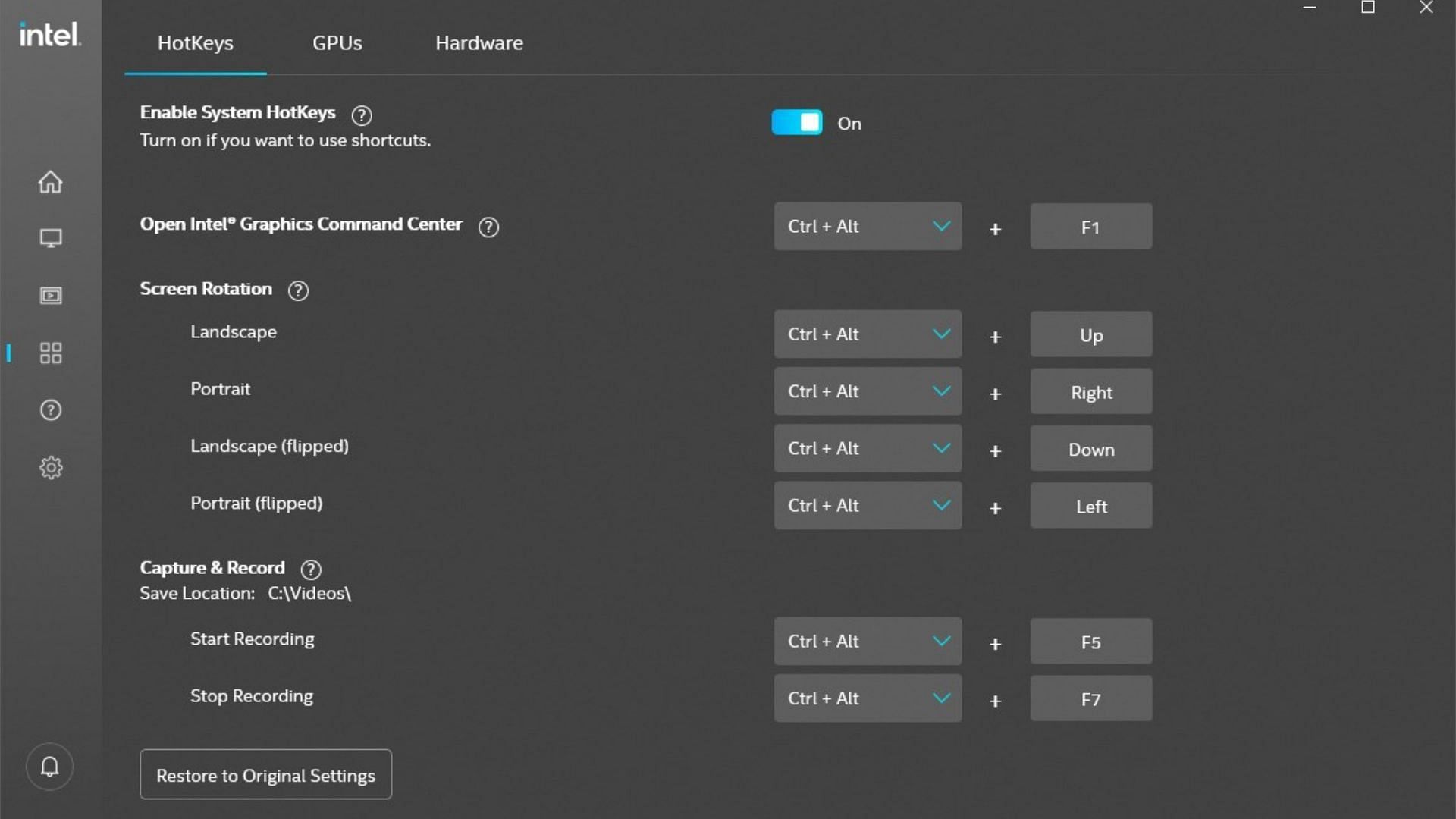 System settings in the Graphic command center (Image via microsoftstore.com)