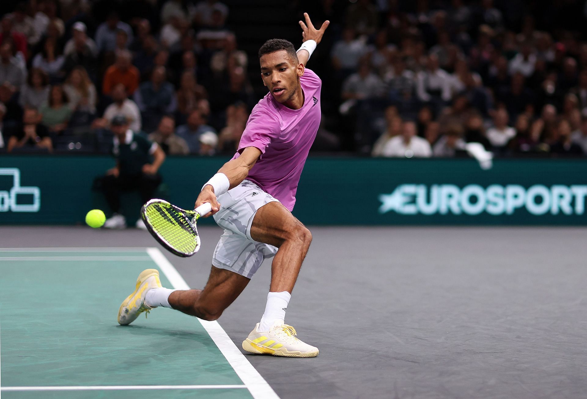 Felix Auger-Aliassime in action at the Rolex Paris Masters