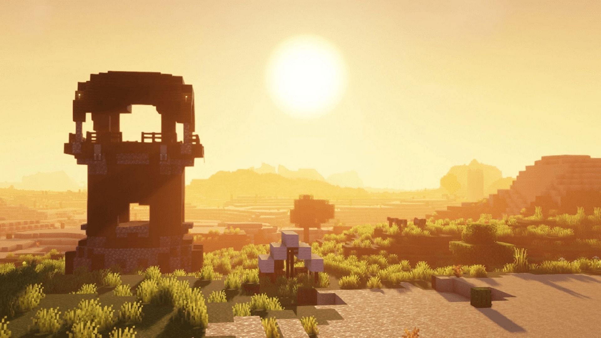 A pillager outpost at sunset using Complementary Shaders (Image via EminGTR/Minecraftshader.com)