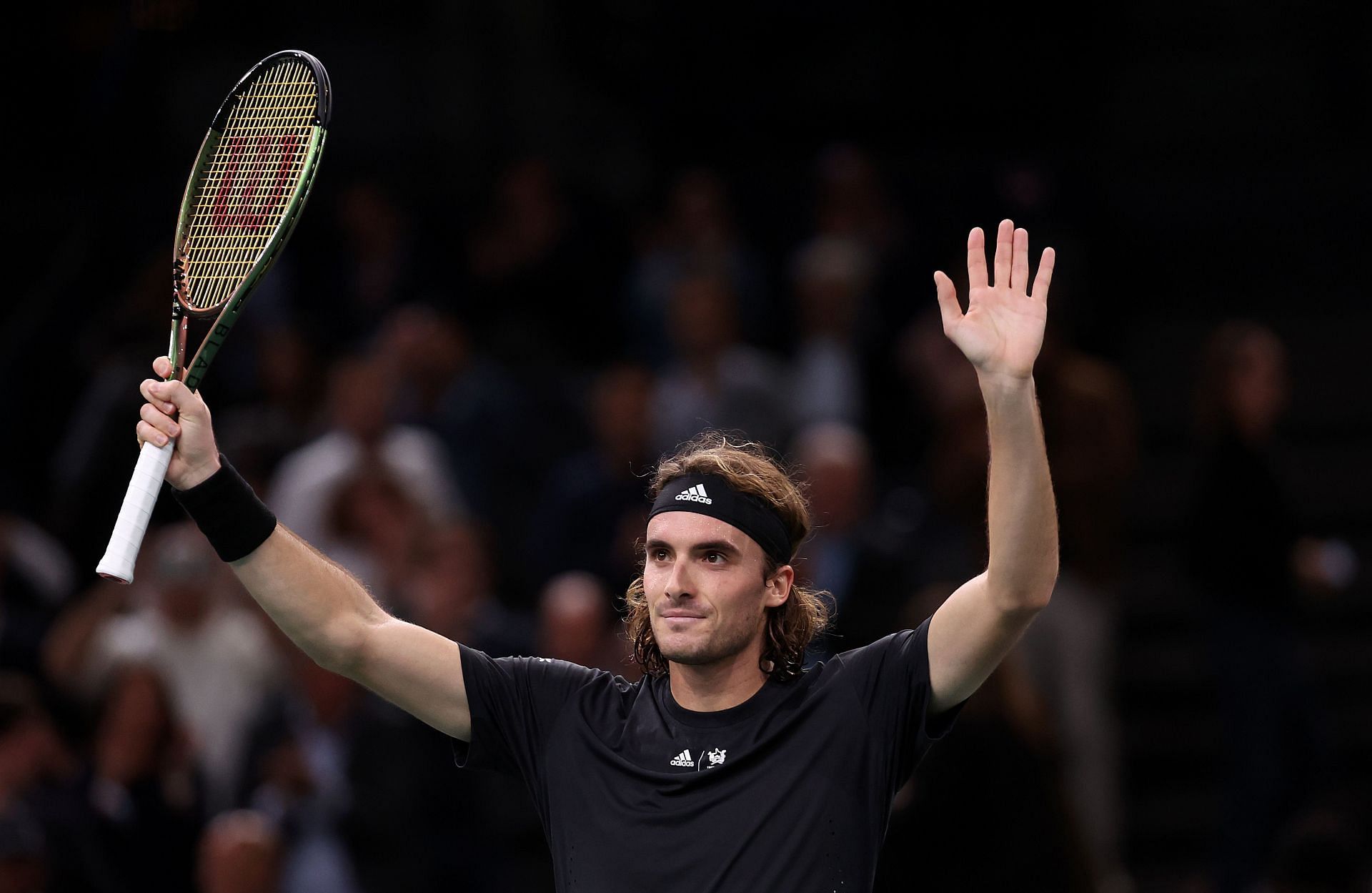 Stefanos Tsitsipas celebrates during the 2022 Rolex Paris Masters.