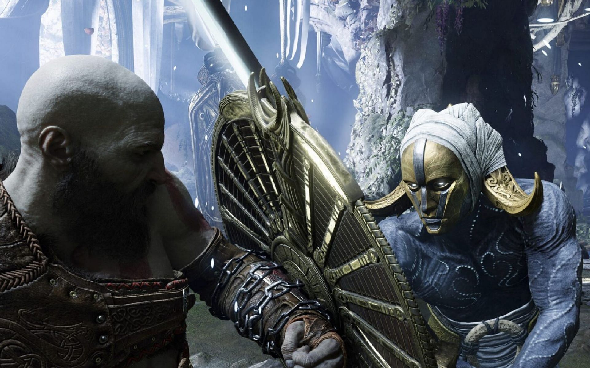 Kratos using his Guardian Shield against a Light Elf in Alfheim (Image via Sony Santa Monica)