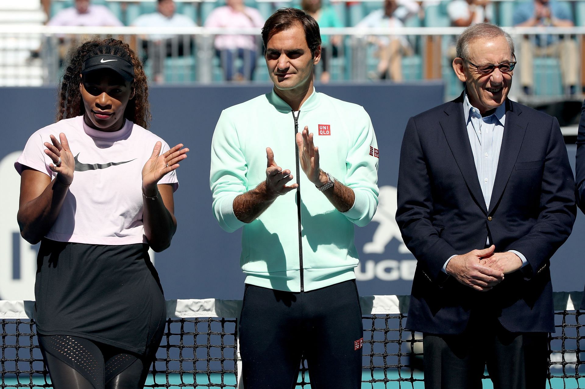 Roger Federer and Serena Williams attend an event at the Miami Open 2019.