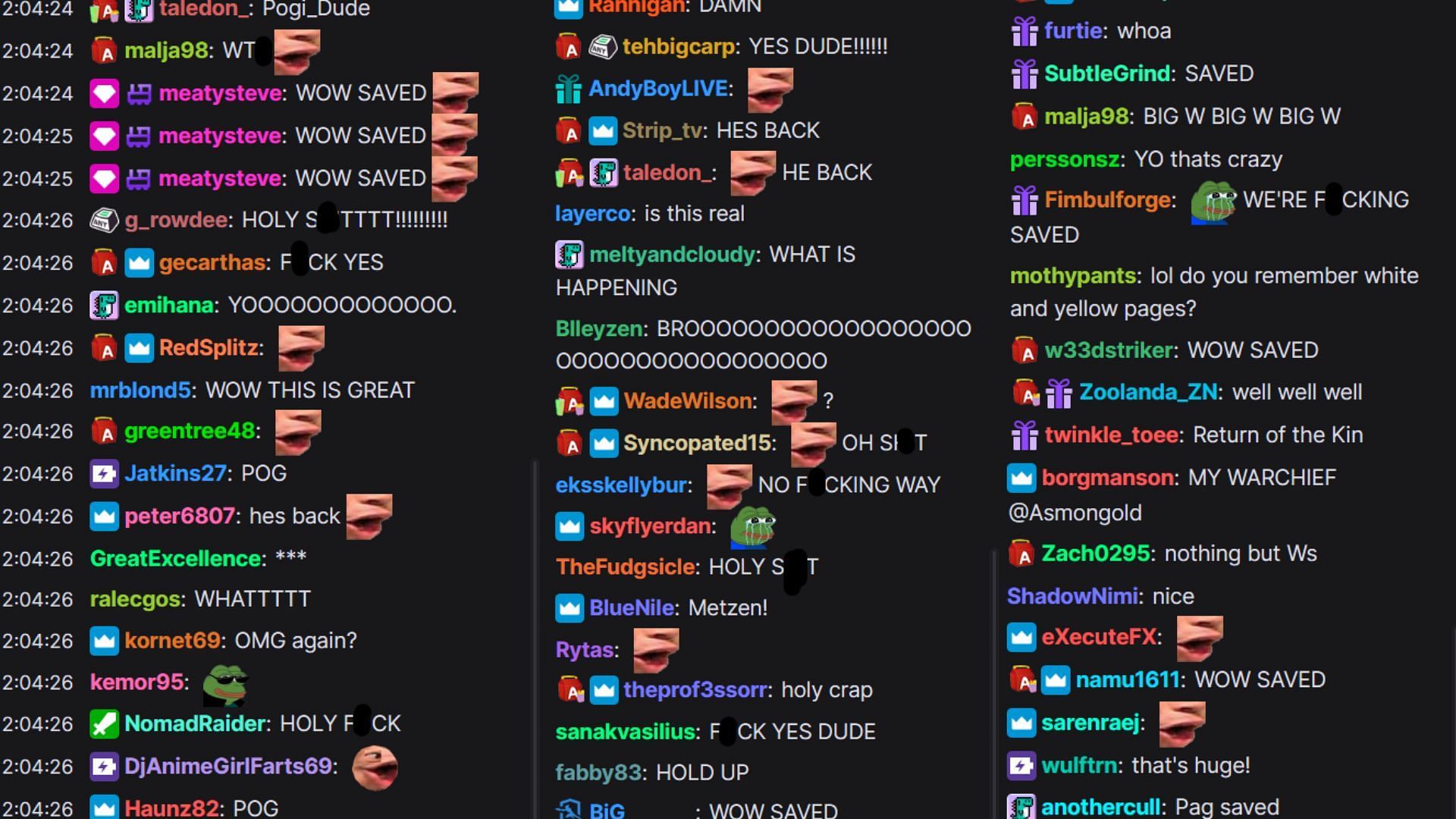 Chat celebrating Chris Metzen&#039;s return (Image via Asmongold/Twitch)