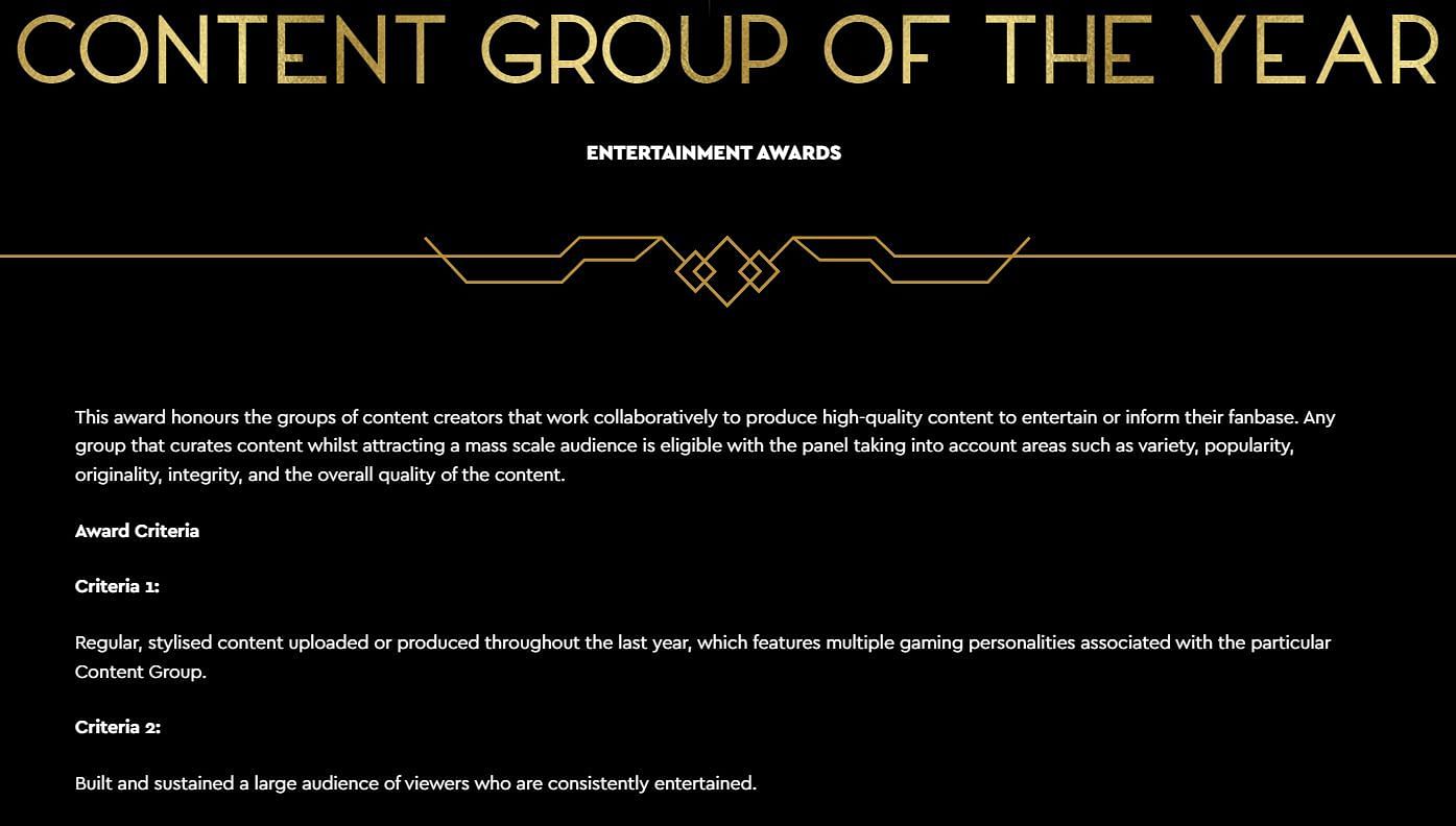 The criteria for the Content Group of the Year award (Image via Esports Awards)