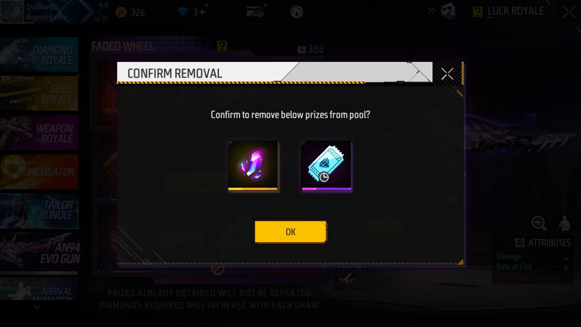 Remove two items from the prize pool (Image via Garena)