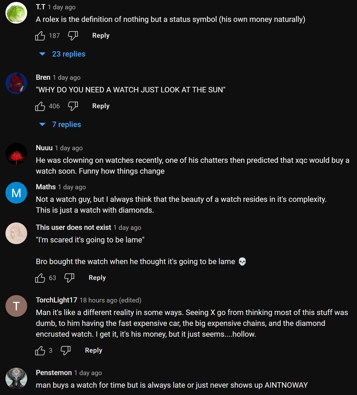 Fans in the YouTube comments section providing their take on the streamer&#039;s Rolex (Image via xQc Clips/YouTube)