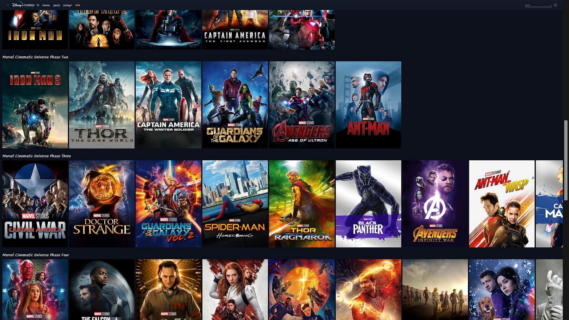 MCU Content in Disney+ Hotstar (Image via Disney+ Hotstar)