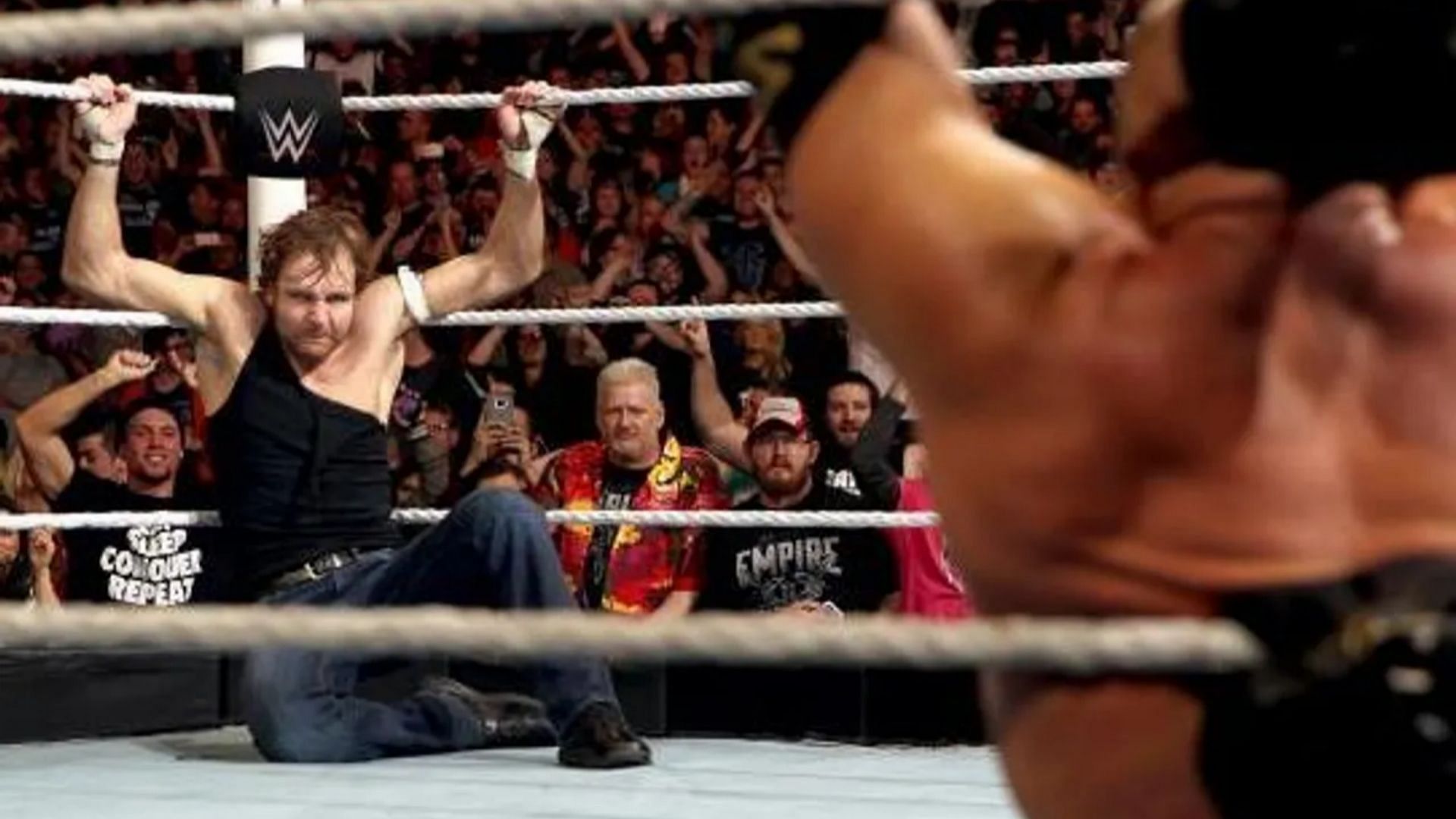 Jon Moxley, then Dean Ambrose, opposite Triple H in the closing moments of the 2016 Royal Rumble
