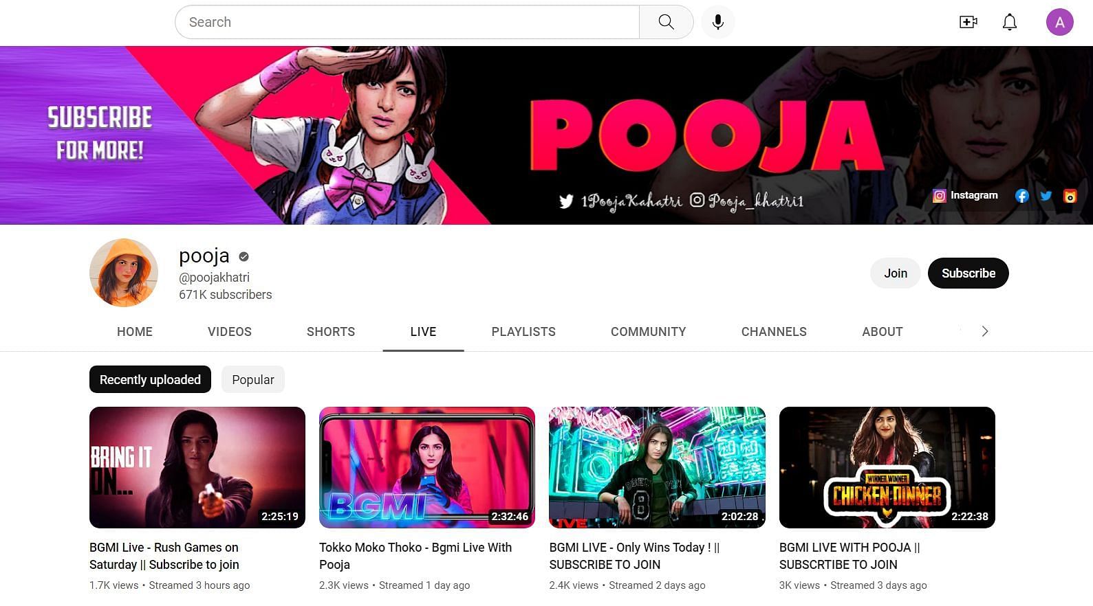 Pooja Khatri&#039;s YouTube channel has more than 671K subscribers (Image via Google)
