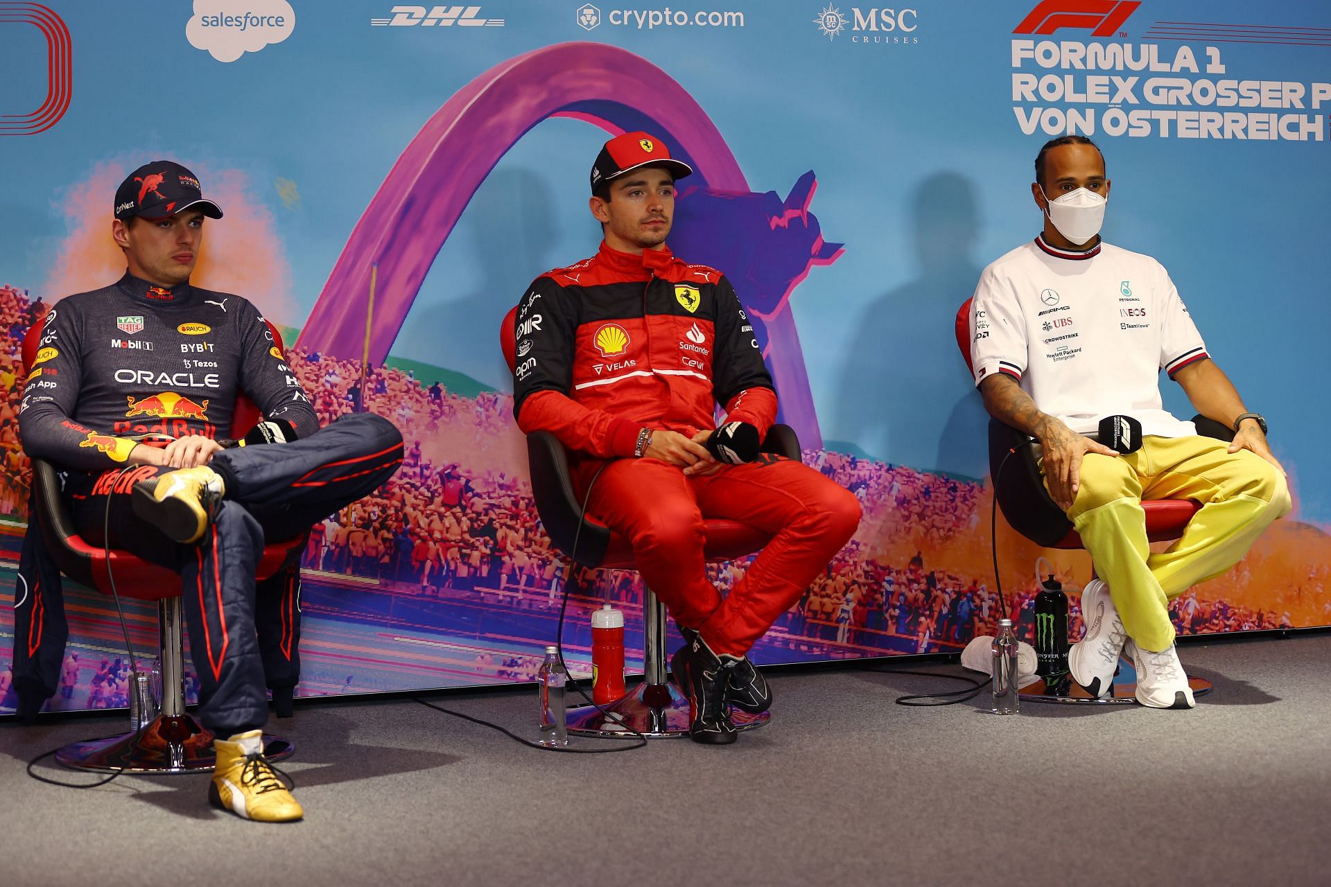 Max Verstappen (L), Charles Leclerc (C) and Lewis Hamilton (R)