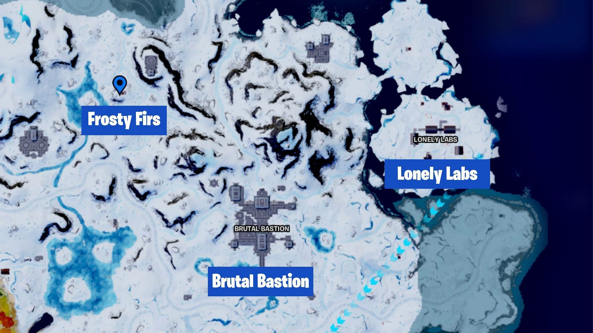 Locate Brutal Bastion, Frosty Firs, and Lonely Labs towards the North of the Fortnite map (Image via Sportskeeda)