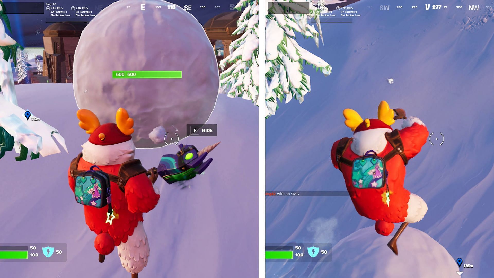 Press F to hide or unhide in a Giant Snowball (Image via Sportskeeda)