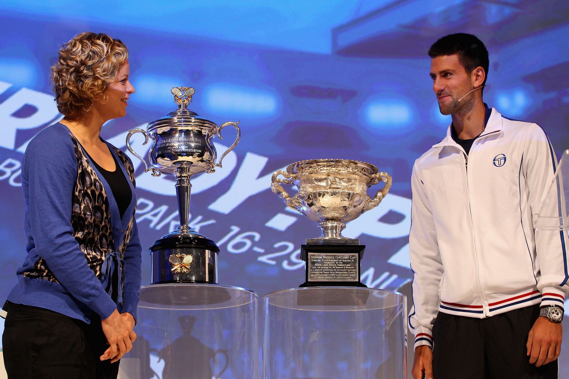 Kim Clijsters (L) and Novak Djokovic at the 2012 Australian Open Previews.