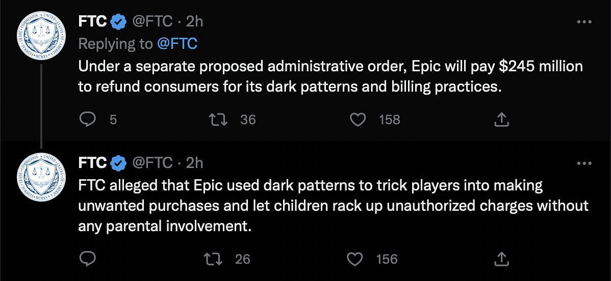 FTC ordered Epic Games to pay a fine for dark practices (Image via FTC/Twitter)