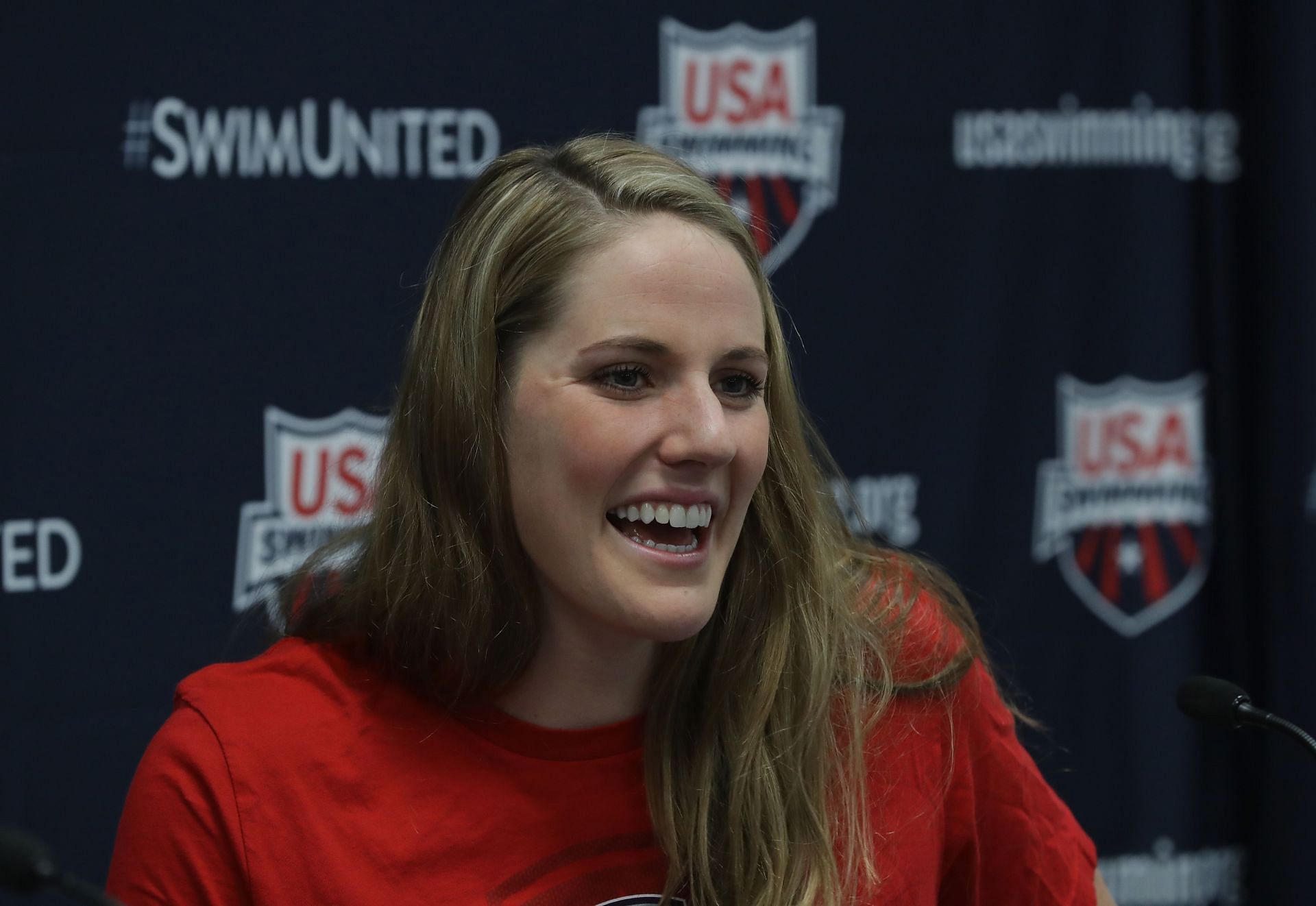 Missy Franklin talks with the media during the 2016 US Olympic Swimming Team Training Camp Media Day on July 16, 2016