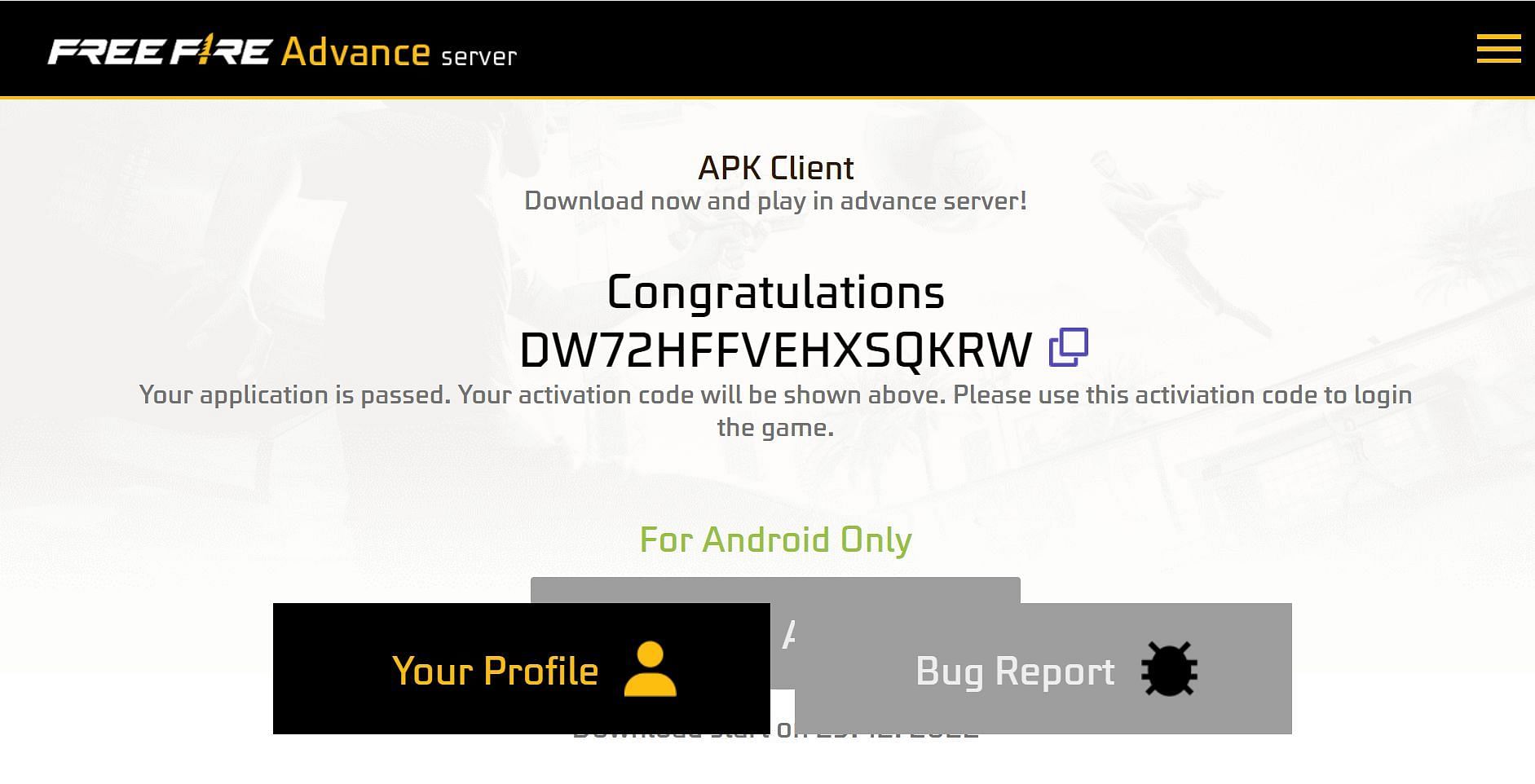 Free Fire Advance Server Code Download