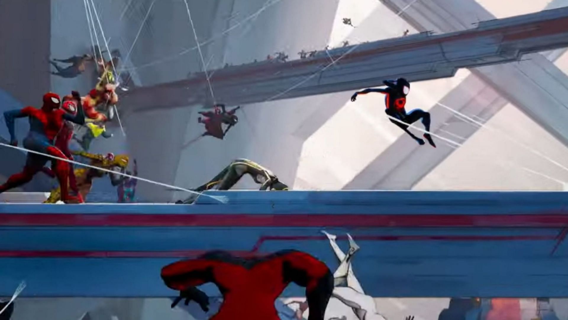 Spider-Variants chasing Miles in Spider-Man: Across the Spider-Verse (image via Sony Pictures Entertainment)