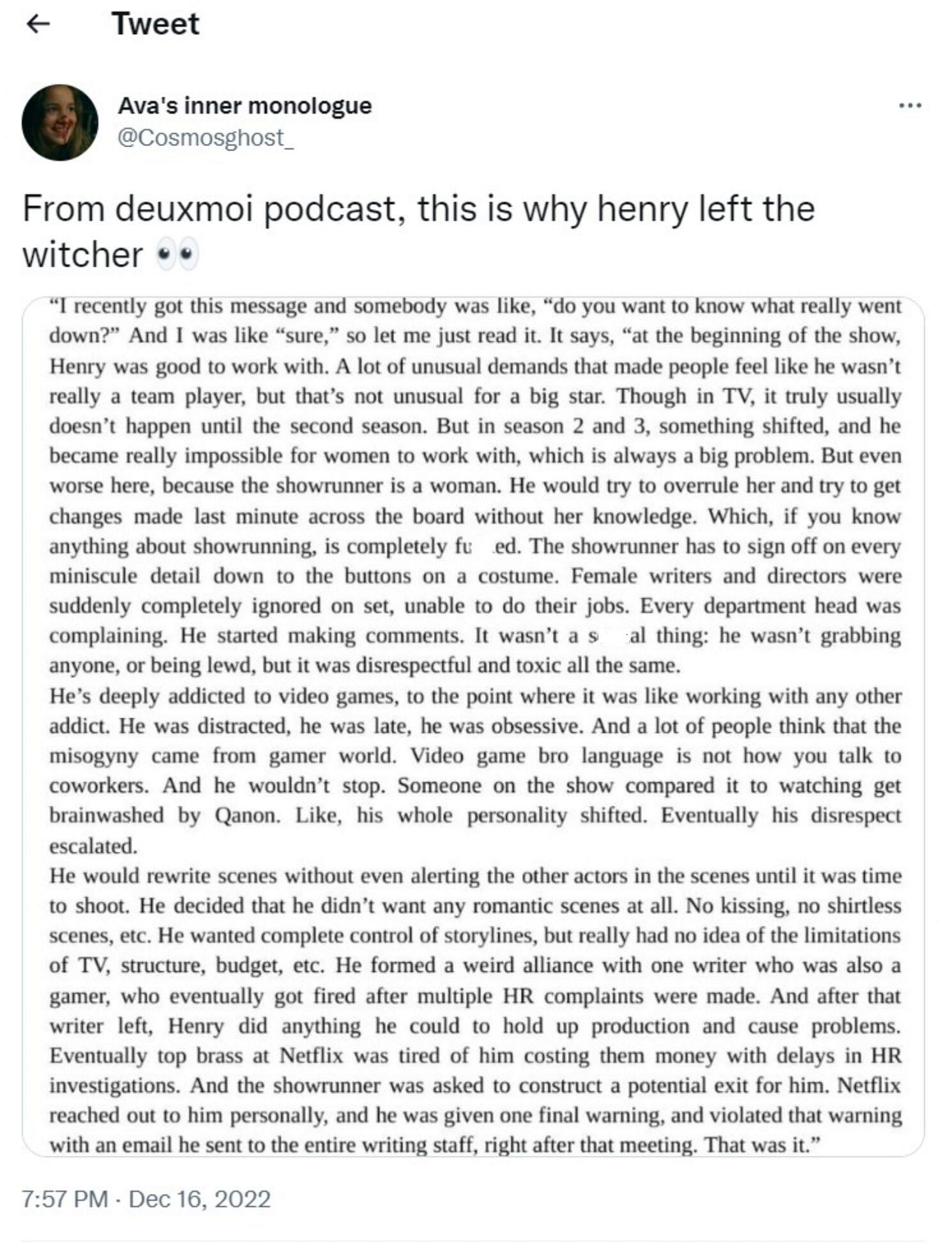 A transcript of what was said about Henry Cavill on the podcast (Image via Twitter/@cosmosghost_)