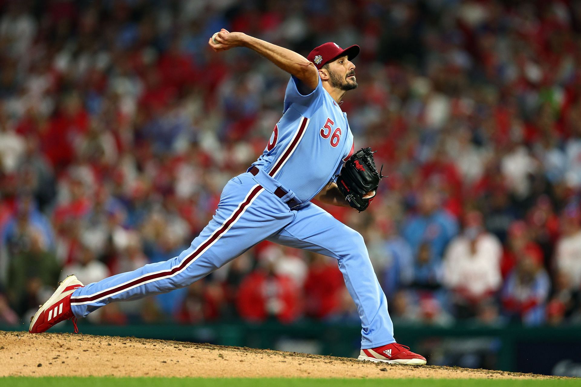 Zach Eflin delivers a pitch against the Houston Astros in Game Five of the 2022 World Series at Citizens Bank Park