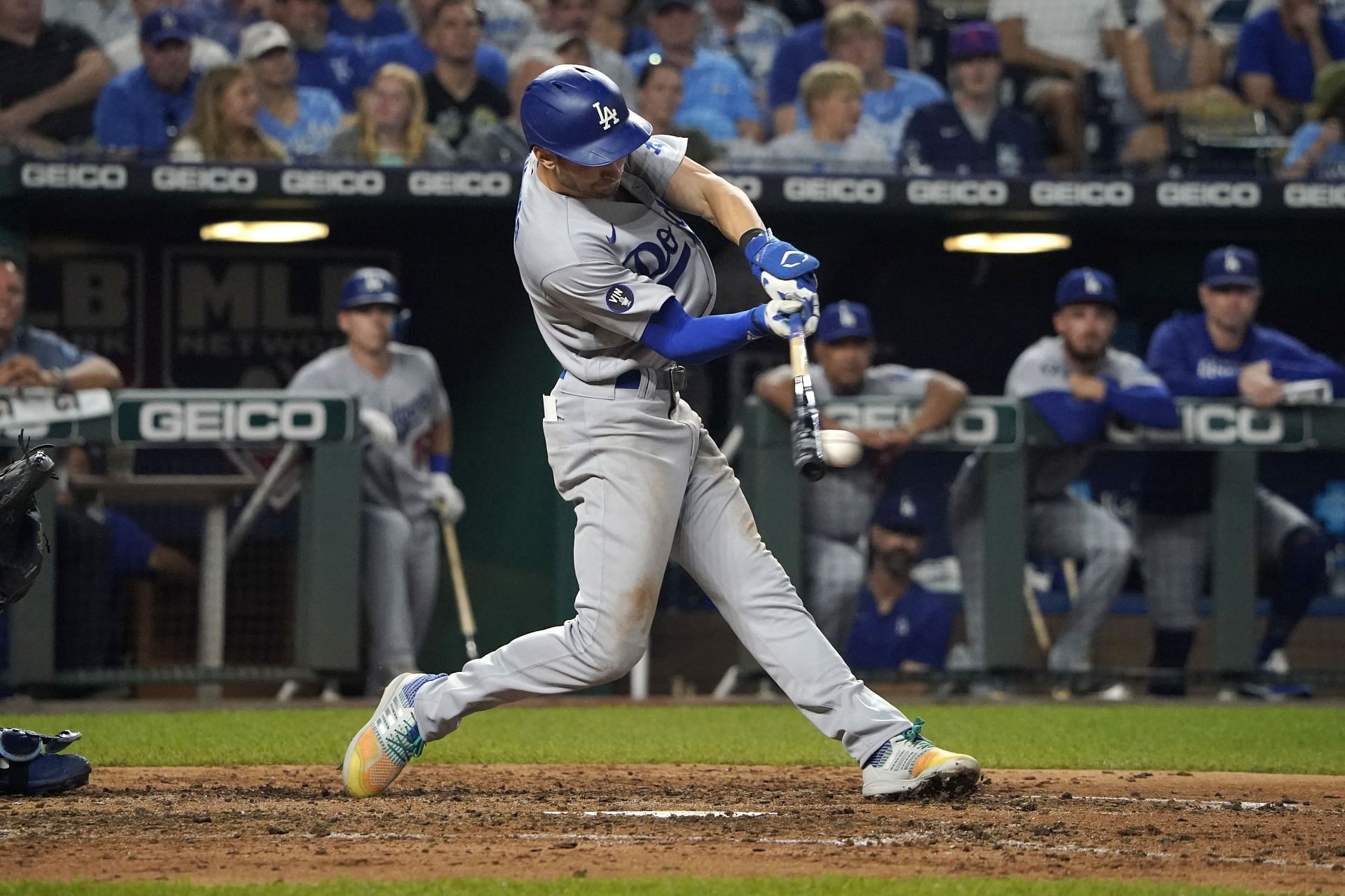 Trea Turner hits a two-run single in the seventh inning against the Kansas City Royals at Kauffman Stadium