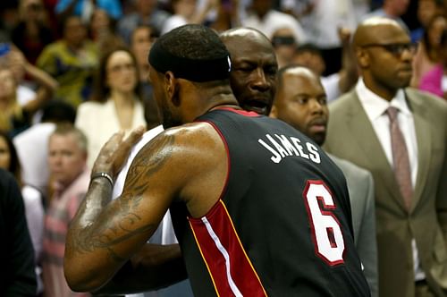 Michael Jordan and LeBron James (right) in the 2014 NBA Playoffs