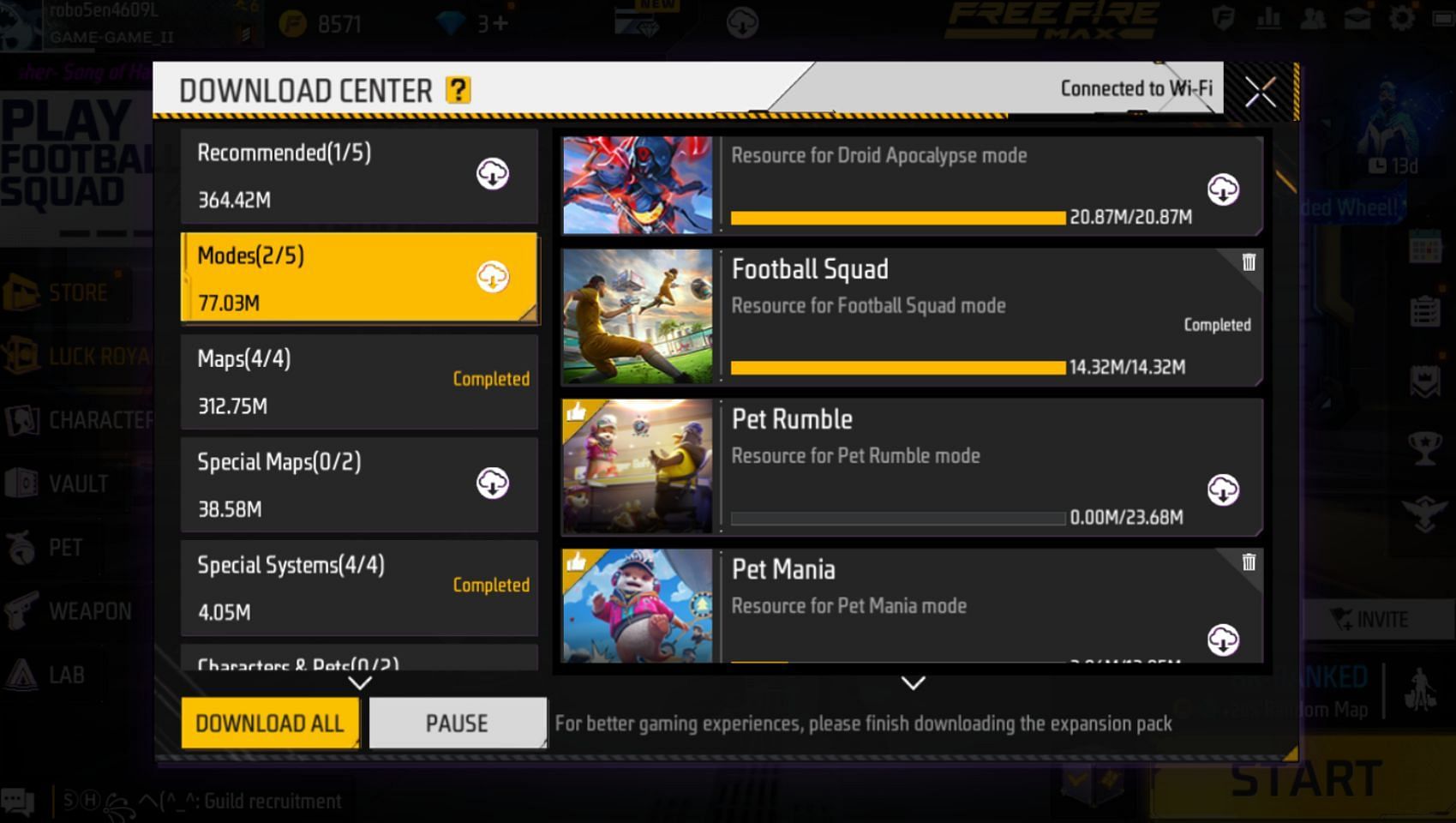 Download the Football Squad mode&#039;s resource file from the &quot;Download Center&quot; (Image via Garena)