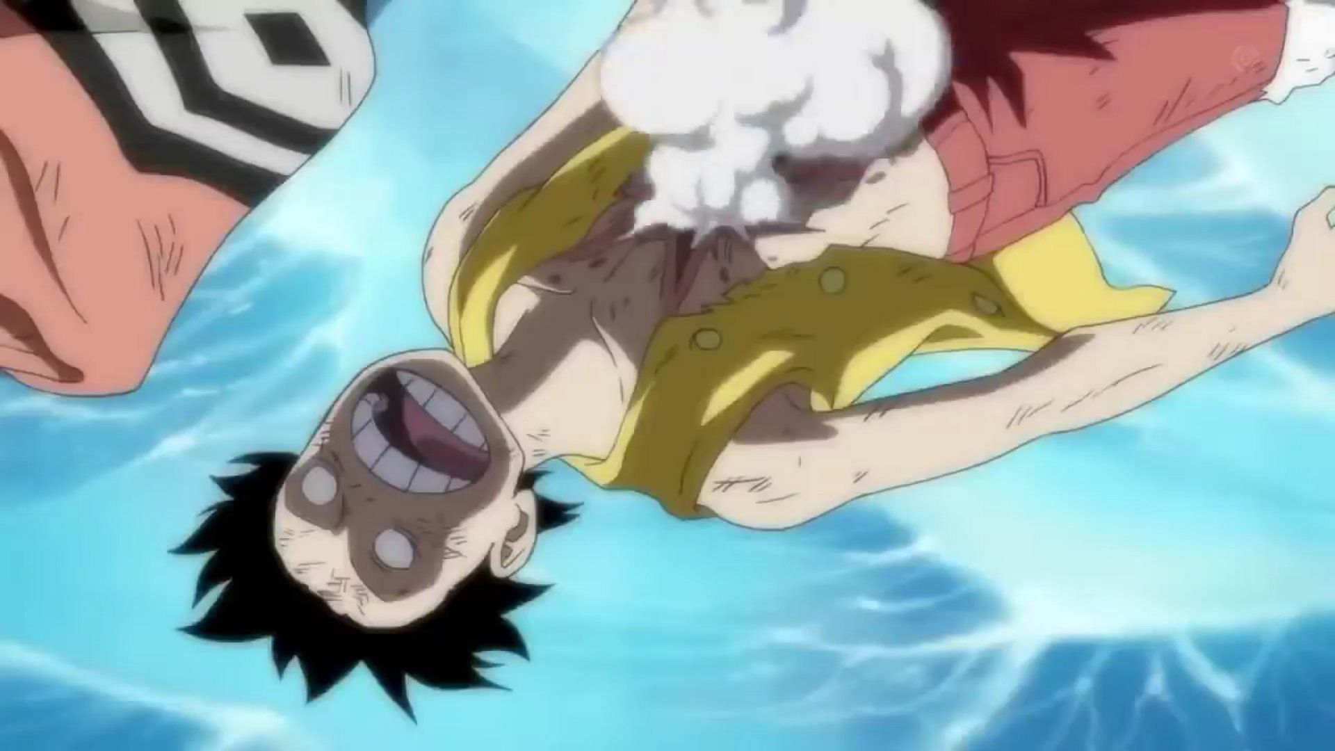 Luffy after getting hit by Akainu's magma fist (Image via Toei Animation)