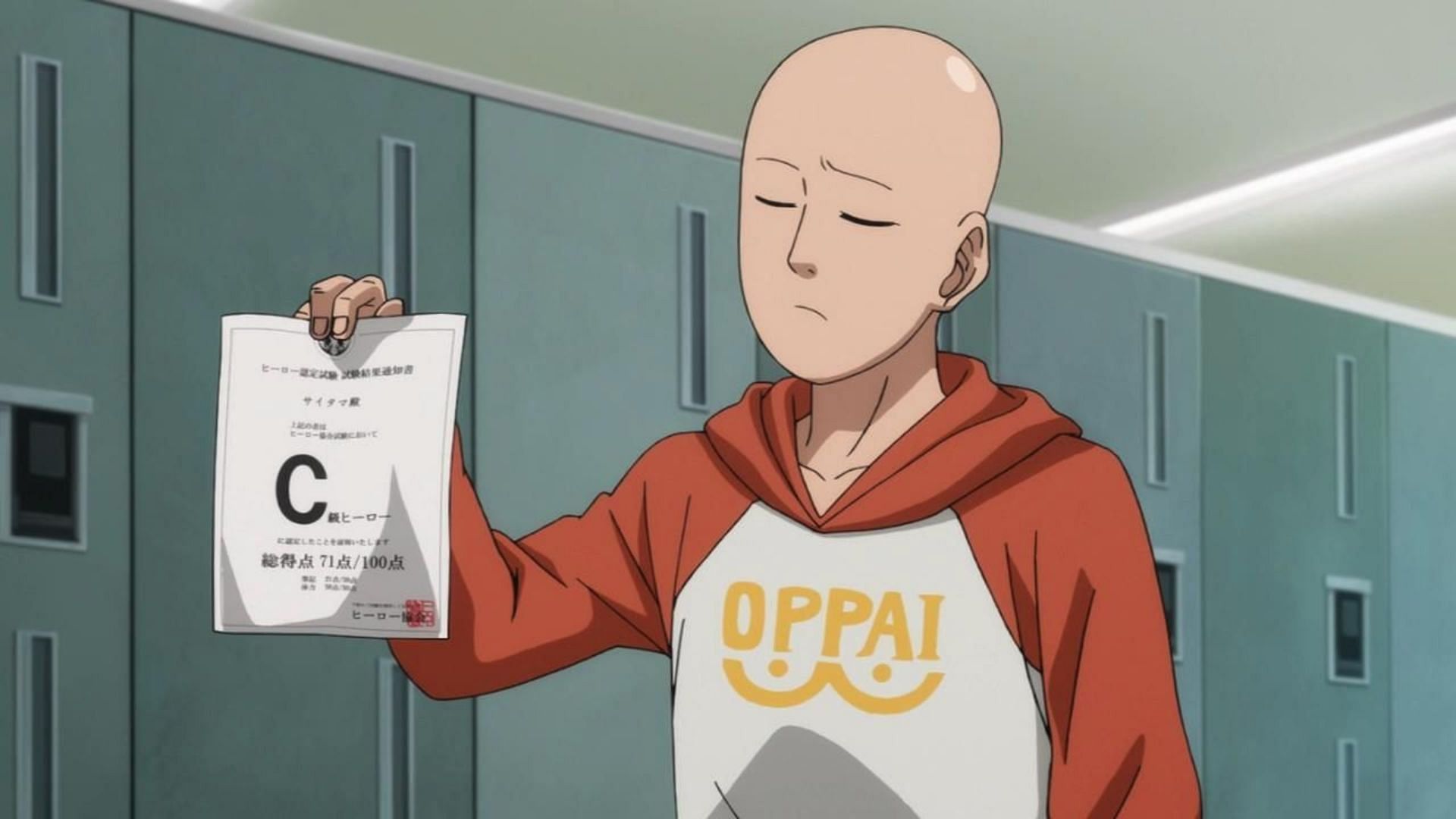 Saitama wearing the &#039;Oppai&#039; hoodie in One Punch Man (Image via Madhouse)