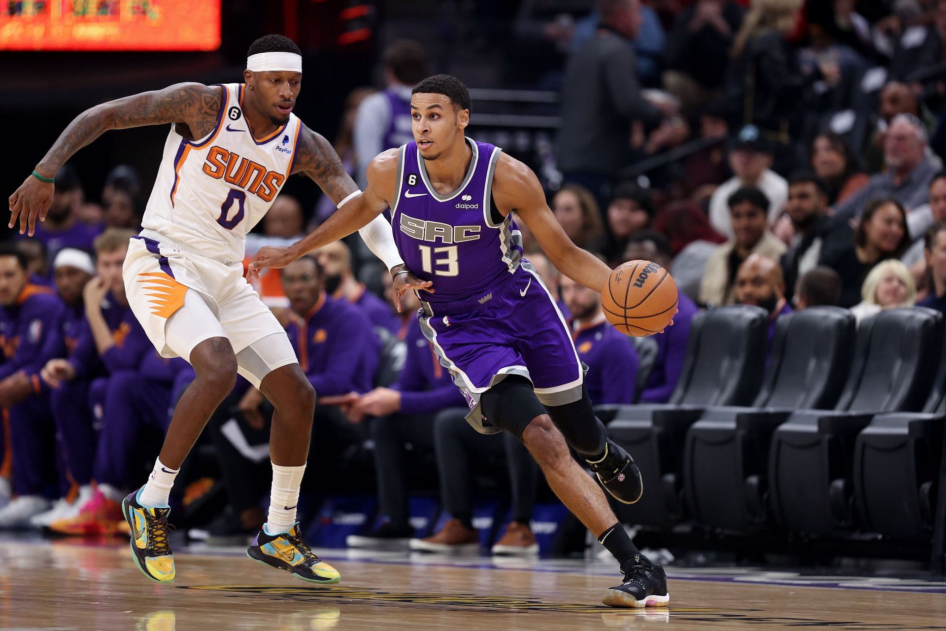 Sacramento Kings forward Keegan Murray (right) in action against the Phoenix Suns