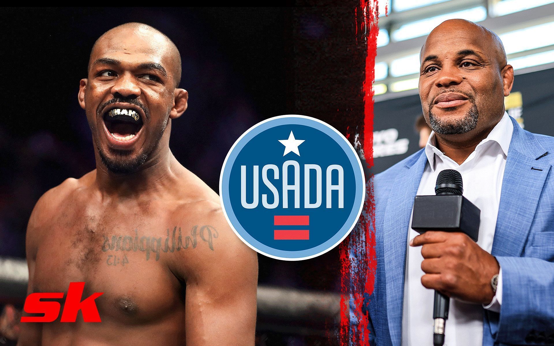 Jon Jones (left) USADA logo (centre) and Daniel Cormier (right) [Image Courtesy: Getty Images and @usantidoping on Instagram]