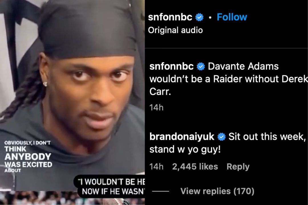 Aiyuk&#039;s response to Adams about the benching of Derek Carr. Source: SNF on NBC
