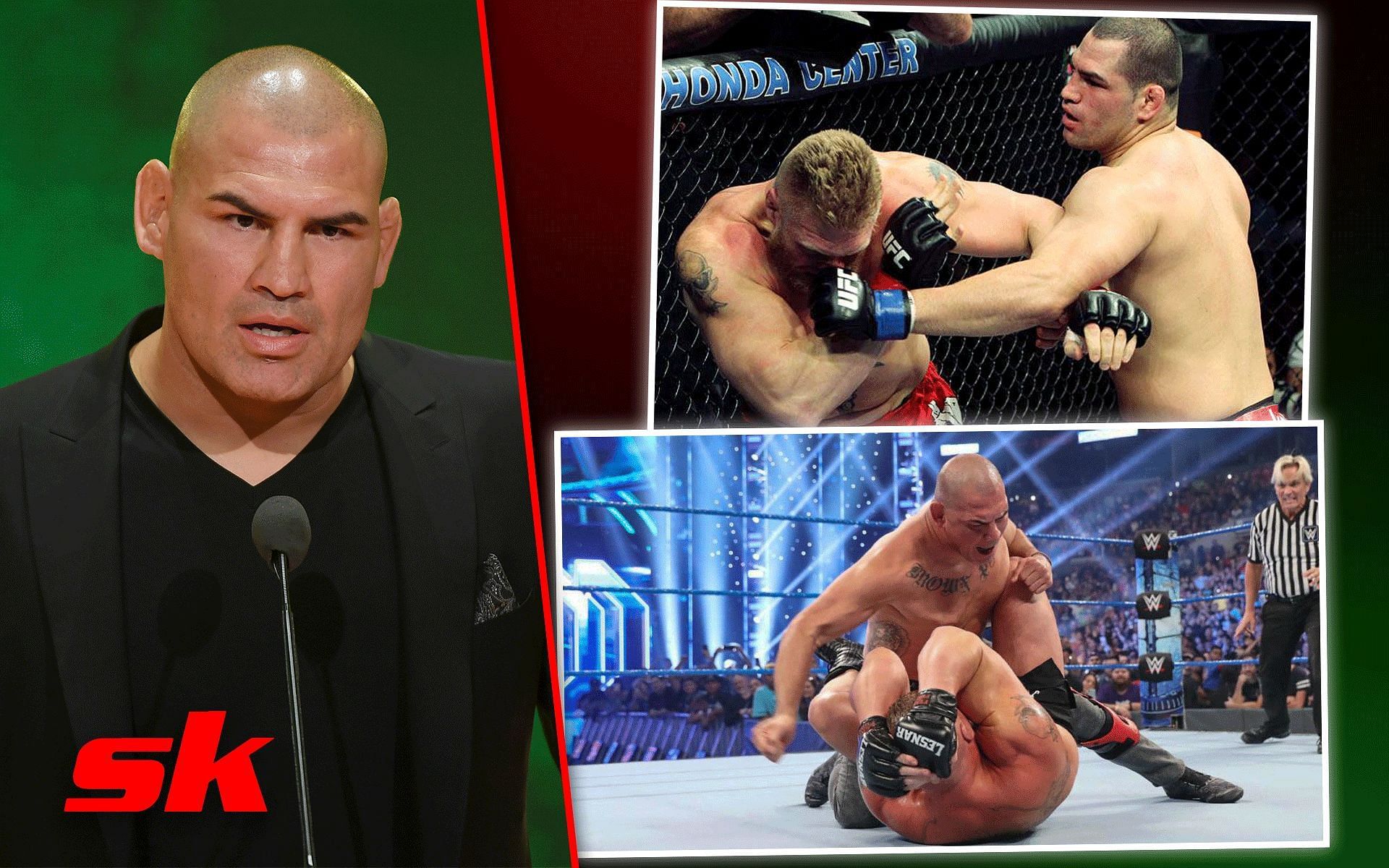 Cain Velasquez (left), Brock Lesnar (right) [Images courtesy of @ufcfightpass &amp; @wrestlingoncb on Twitter]