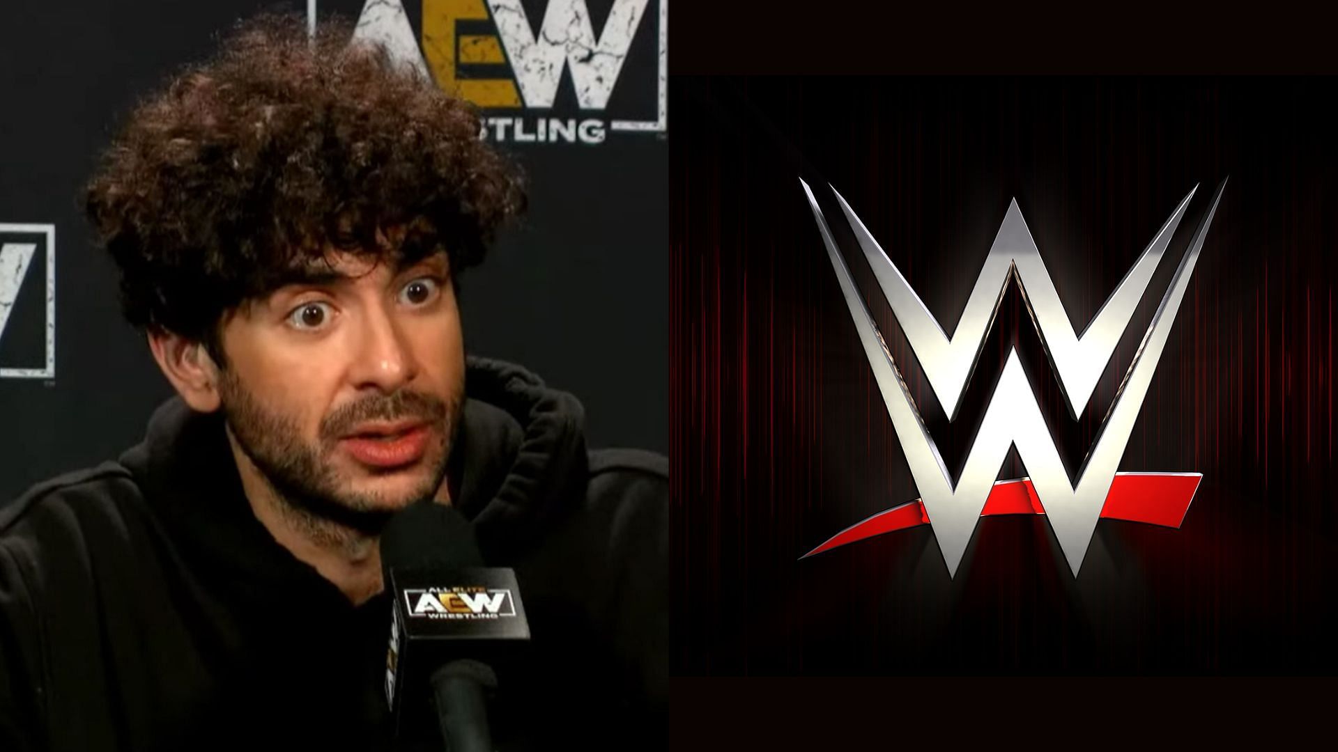 Tony Khan (left), WWE logo (Right)