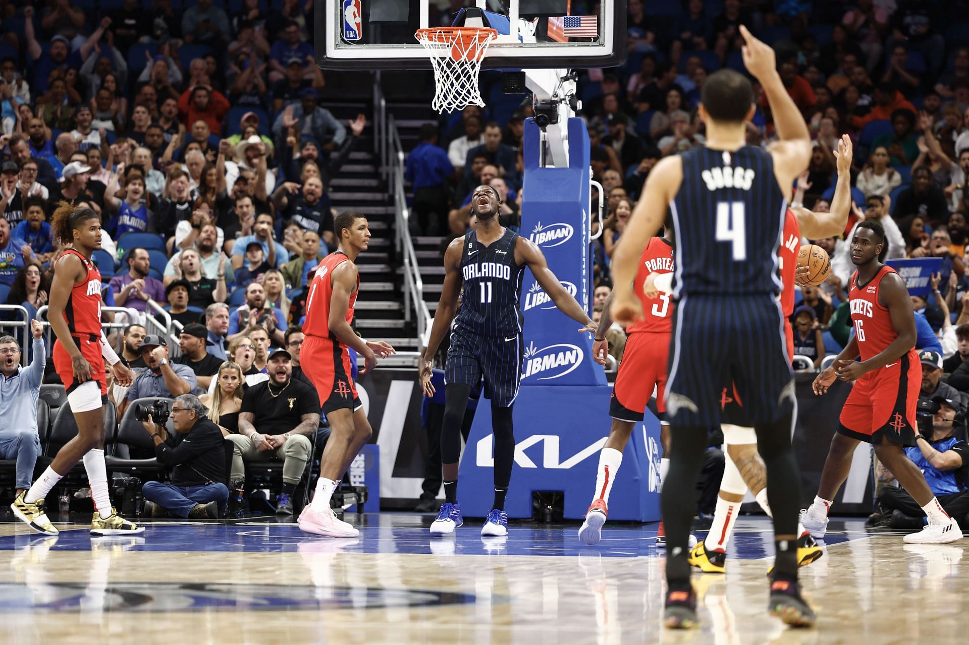 Mo Bamba celebrates a play against the Houston Rockets.