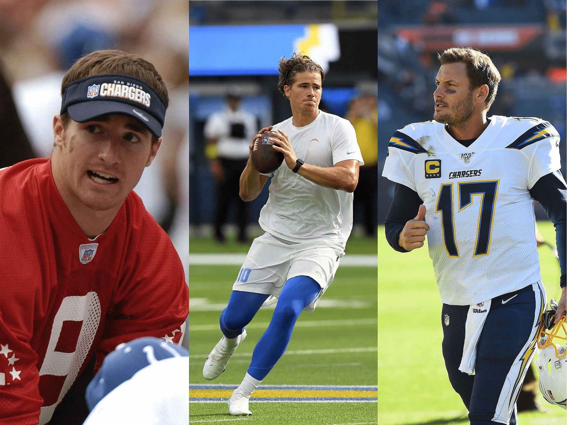 Drew Brees (L), Justin Herbert (C), Philip Rivers (R) of the Chargers