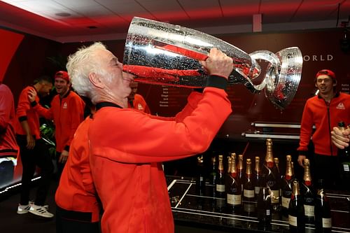 John McEnroe celebrating Team World's Laver Cup win