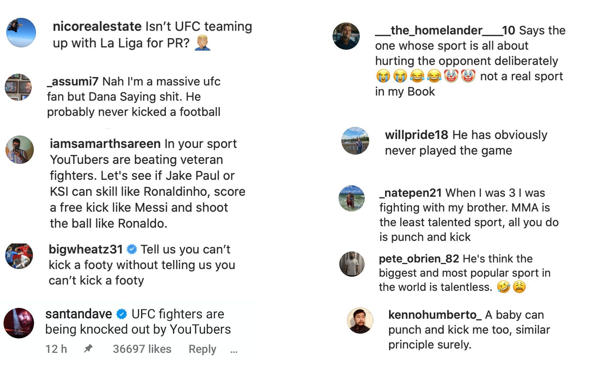 Screenshots of comments from @sportbible&#039;s post on Instagram