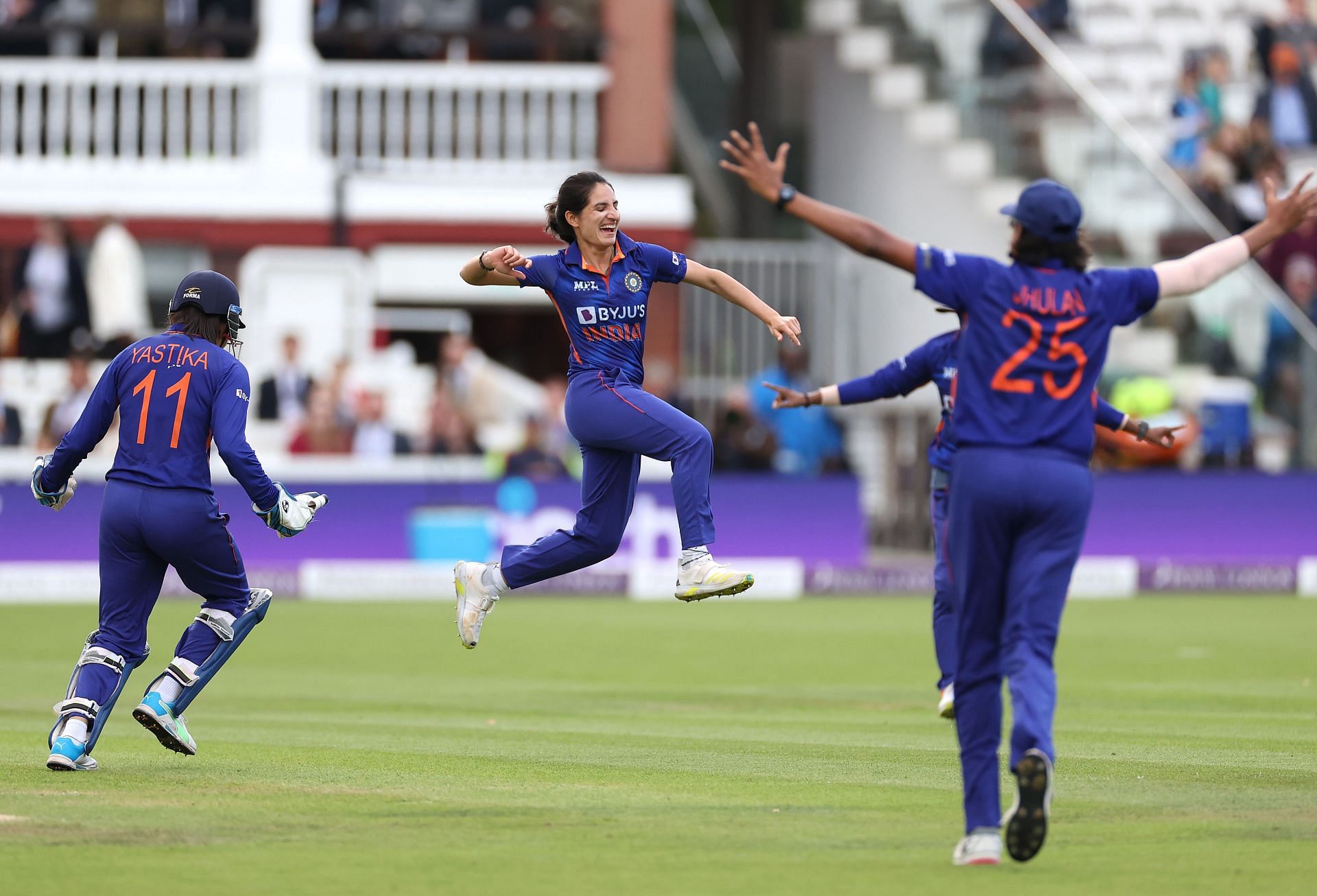 Renuka Singh of India celebrates after taking the wicket of Tammy Beaumont of England at Lord&#039;s Cricket Ground on September 24, 2022, in London. (Photo by Ryan Pierse/Getty Images)