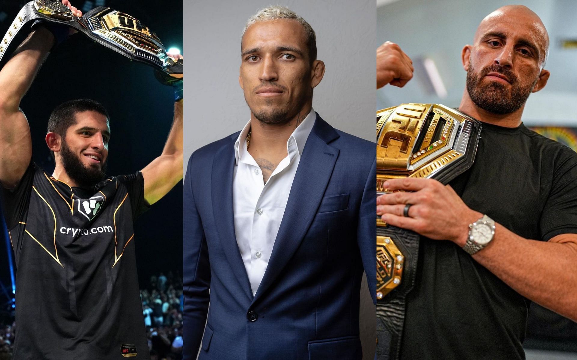 Islam Makhachev (Left), Charles Oliveira (Center) and Alexander Volkanovski (Right) [Images via: @islam_makhachev, @alexvolkanovski and @charlesdobronxs on Instagram]