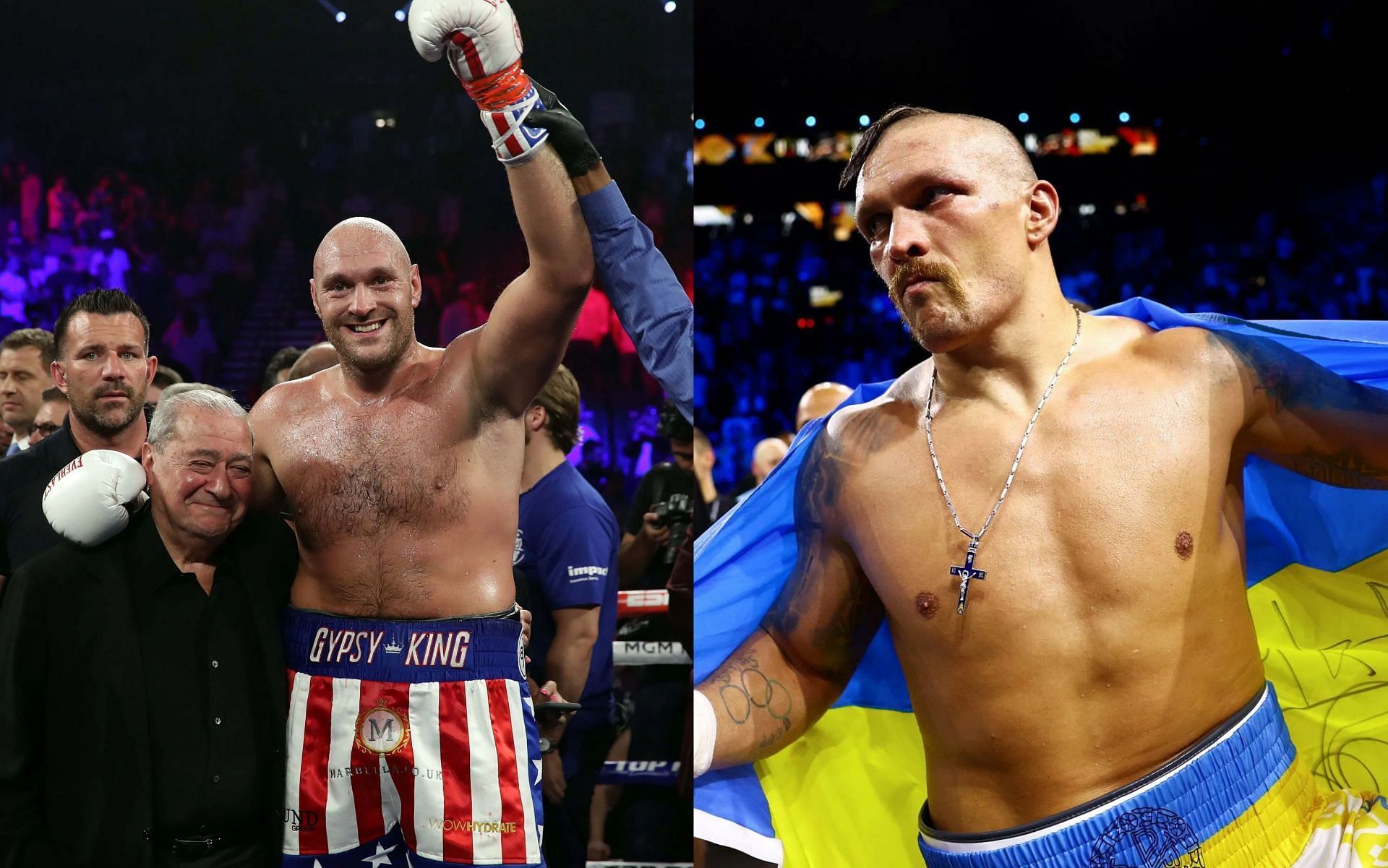 Tyson Fury with Bob Arum (L), and Oleksandr Usyk (R).