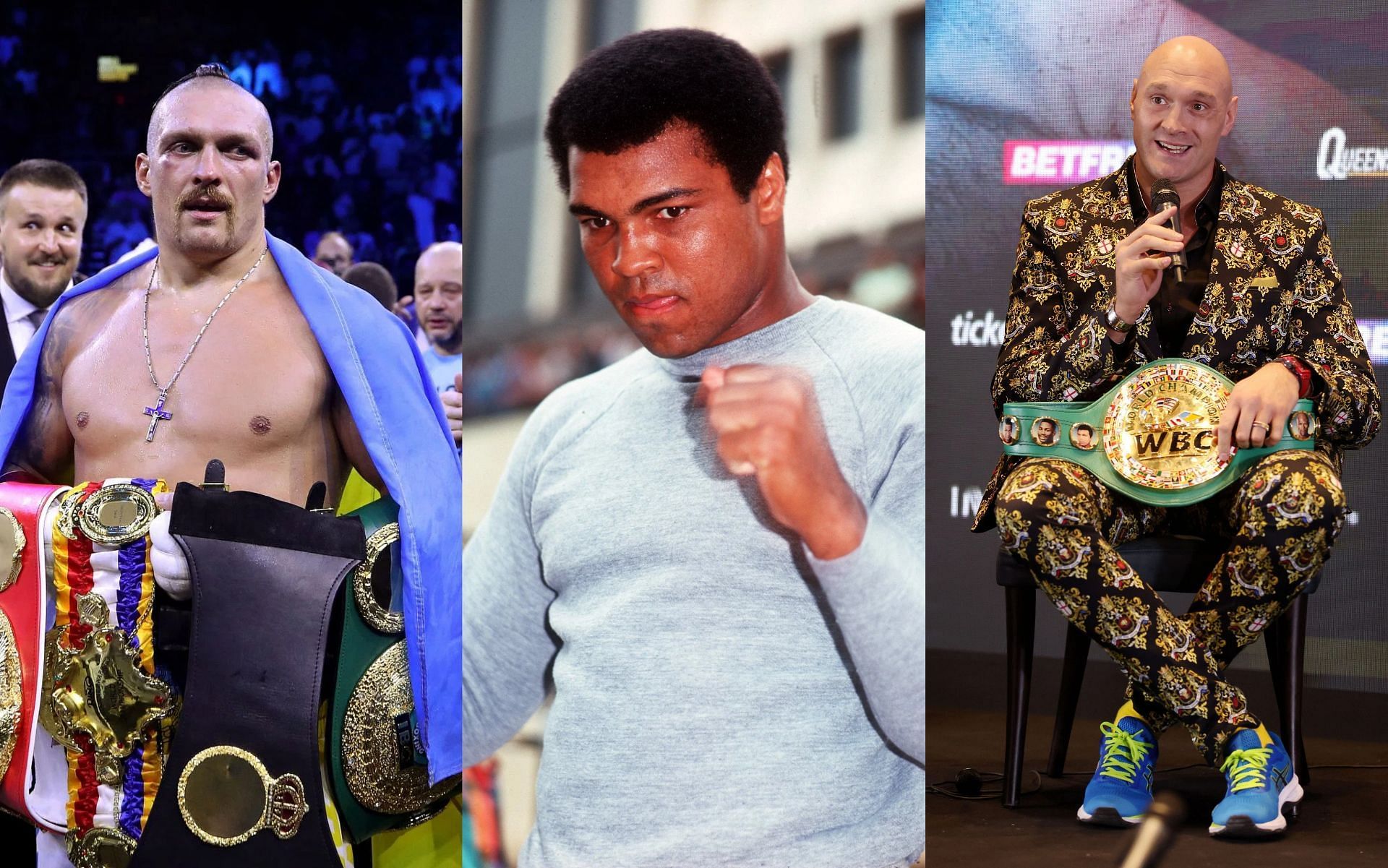 Oleksandr Usyk (L), Muhammad Ali (M), and Tyson Fury (R).